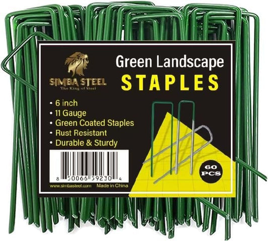 60 Pack x 6 Inch, 11 Gauge Green Landscape Staples, Garden Stakes, Ground Anchor, U-Type, Rust Resistant, Ground Pin for Tents, Tarp, Fence Grass Weed Barrier (Green 60 Pack)