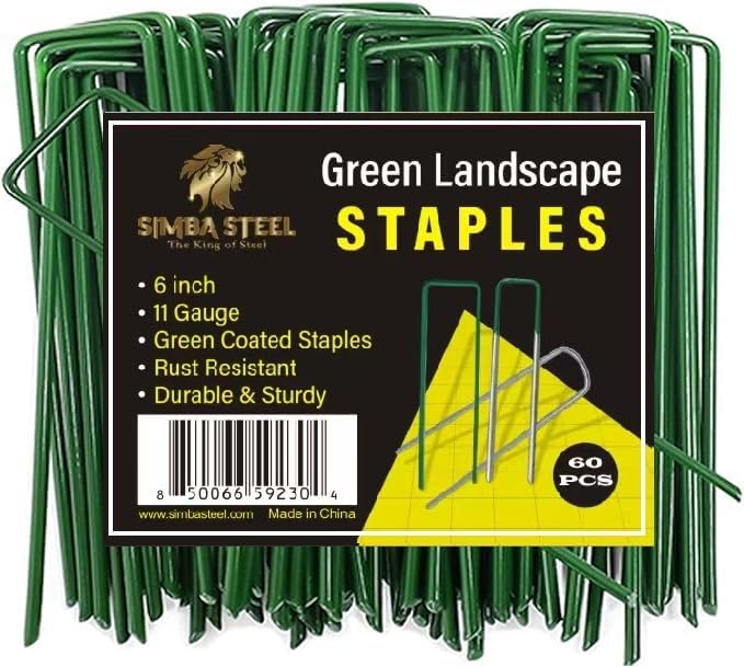 60 Pack x 6 Inch, 11 Gauge Green Landscape Staples, Garden Stakes, Ground Anchor, U-Type, Rust Resistant, Ground Pin for Tents, Tarp, Fence Grass Weed Barrier (Green 60 Pack)