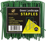 60 Pack x 6 Inch, 11 Gauge Green Landscape Staples, Garden Stakes, Ground Anchor, U-Type, Rust Resistant, Ground Pin for Tents, Tarp, Fence Grass Weed Barrier (Green 60 Pack)