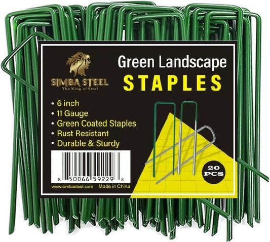 20 Pack x 6 Inch, 11 Gauge Green Landscape Staples, Garden Stakes, Ground Anchor, U-Type, Rust Resistant, Ground Pin for Tents, Tarp, Fence Grass Weed Barrier (Green 20 Pack)