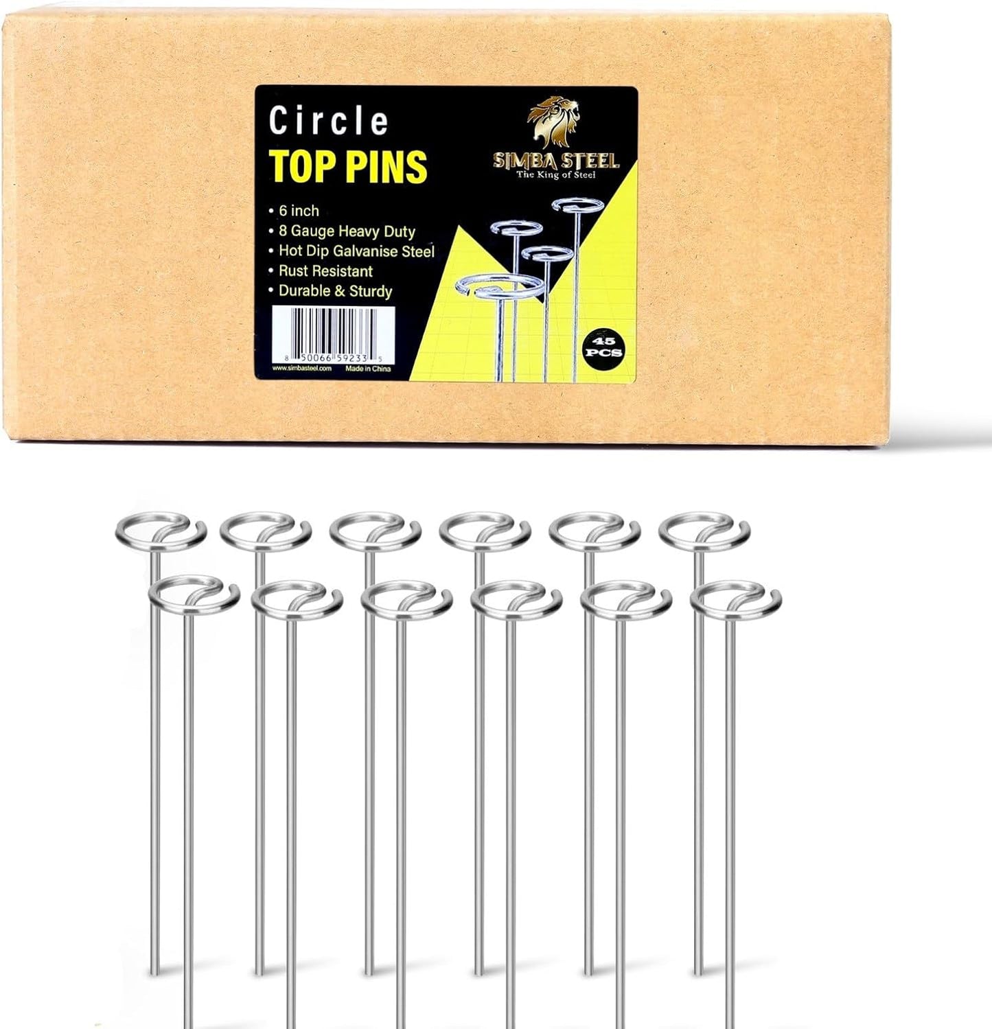 8 Gauge Circle Top Lanscape Pins - 45 Pack x 6 Inch Galvanised, Heavy Duty, Not Easy to Bend, Garden Stakes for Tarps, Lawn Turf, Weed Mats, More Holding Power (45 Pins)