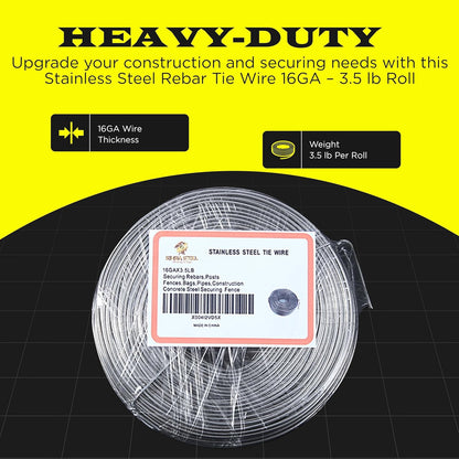 Stainless Steel Rebar Tie Wire | 16 Gauge | 3.5lb Roll | 330-340 ft Length | Reinforcement Coil | Excellent Strength | SIMBA STEEL Stainless TieWire 3.5lb