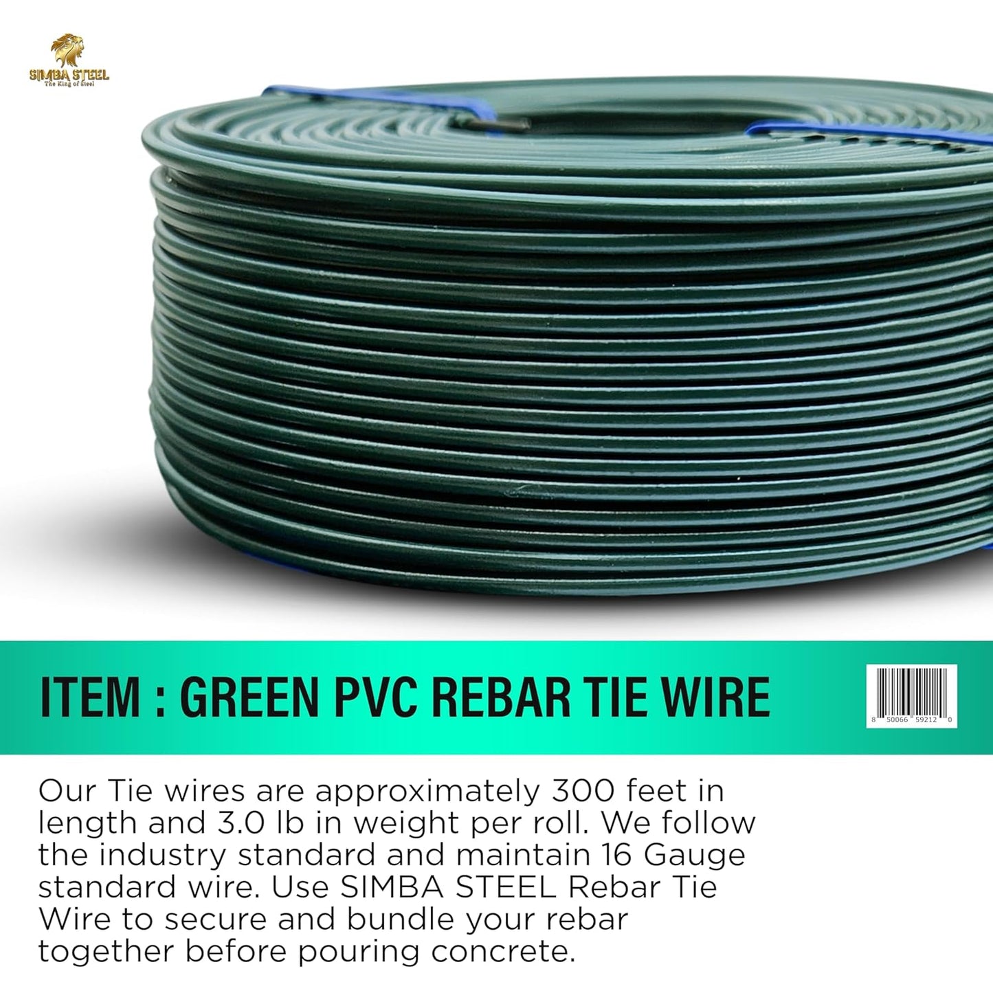 PVC Rebar Tie Wire | 16 Gauge | 3.0lb Roll | Approx. 300 ft Length | Rust-Proof PVC Coated | Excellent Strength | Flexible | Durable (Green PVC Coated, Pack of 5)