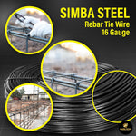 Simba Steel rebar tie wire 16 gauge with construction images and branding.