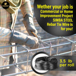 Person welding rebar with SIMBA STEEL Rebar Tie Wire and promotional text overlay.