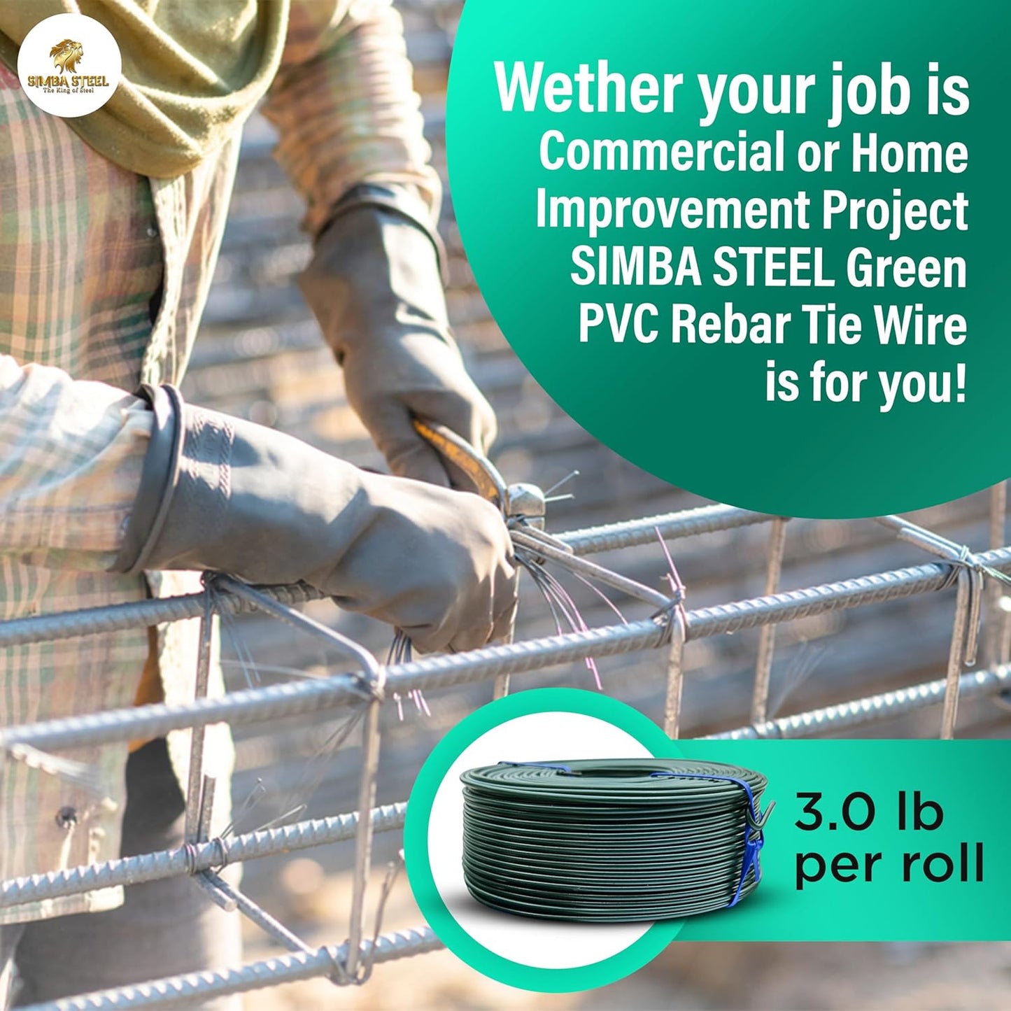 Rebar Tie Wire | 16 Gauge | 3.0lb Roll | Approx. 300 ft Length | Rust-Proof PVC Coated | Excellent Strength | Flexible | Durable (Green PVC Coated, Pack of 1)