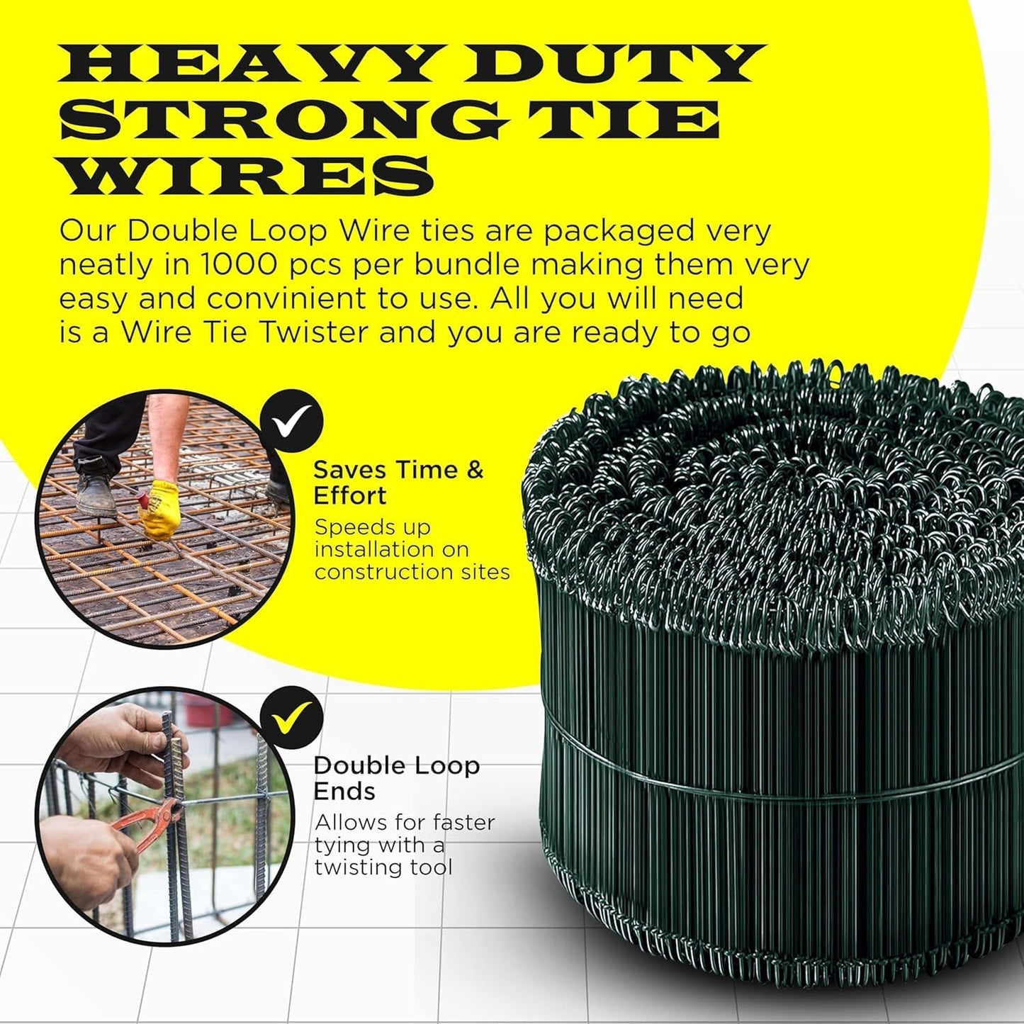 6 Inch - 16 Gauge 2000 pcs GREEN PVC Coated Double Loop Rebar Wire Bar Ties | Excellent Strength | Durable | SIMBA STEEL | PVC Green 6in. 2000