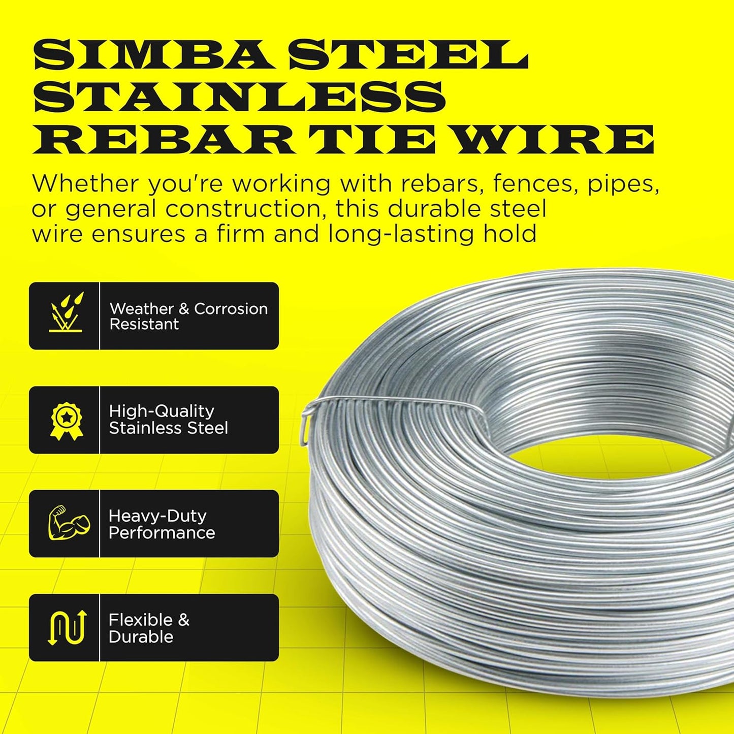 Stainless Steel Rebar Tie Wire | 16 Gauge | 3.5lb Roll | 330-340 ft Length | Reinforcement Coil | Excellent Strength | SIMBA STEEL Stainless TieWire 3.5lb