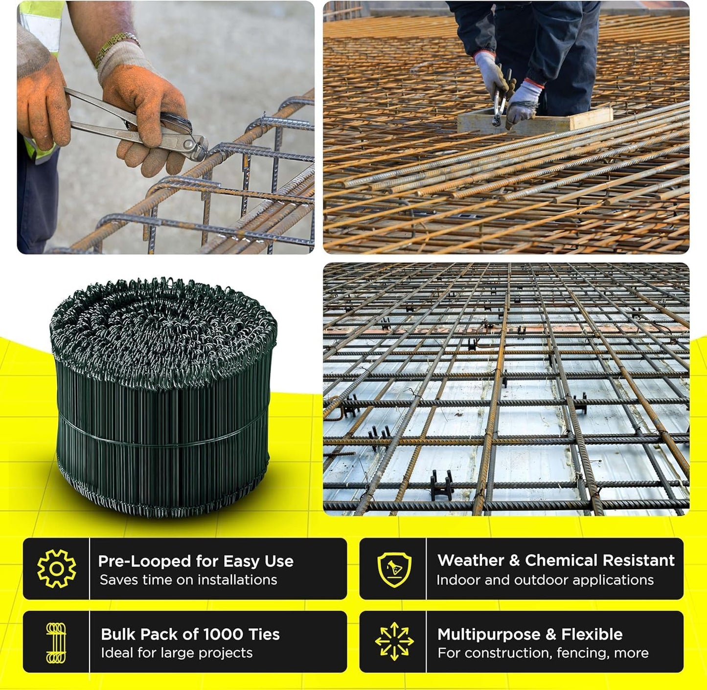 6 Inch - 16 Gauge 2000 pcs GREEN PVC Coated Double Loop Rebar Wire Bar Ties | Excellent Strength | Durable | SIMBA STEEL | PVC Green 6in. 2000