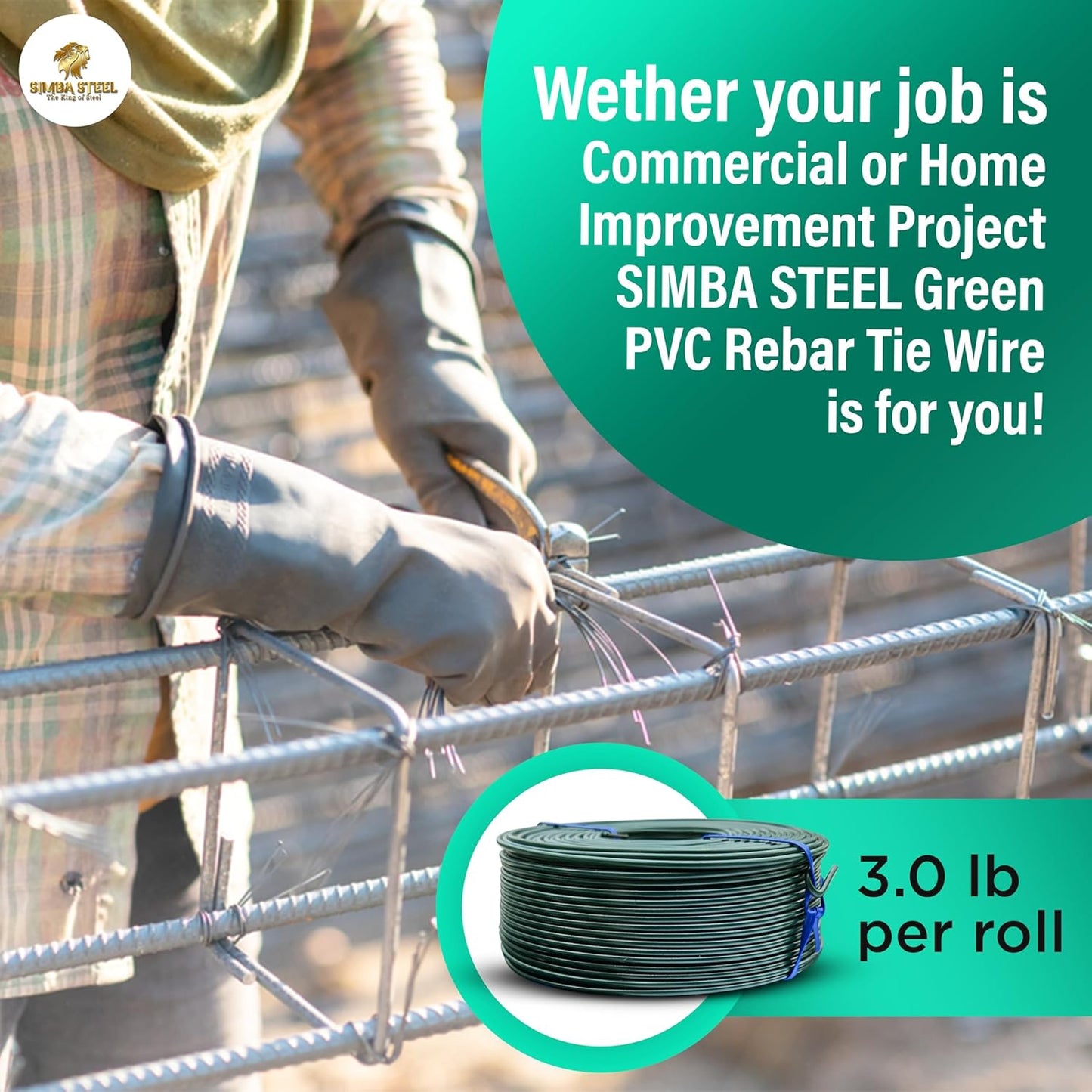 PVC Rebar Tie Wire | 16 Gauge | 3.0lb Roll | Approx. 300 ft Length | Rust-Proof PVC Coated | Excellent Strength | Flexible | Durable (Green PVC Coated, Pack of 10)