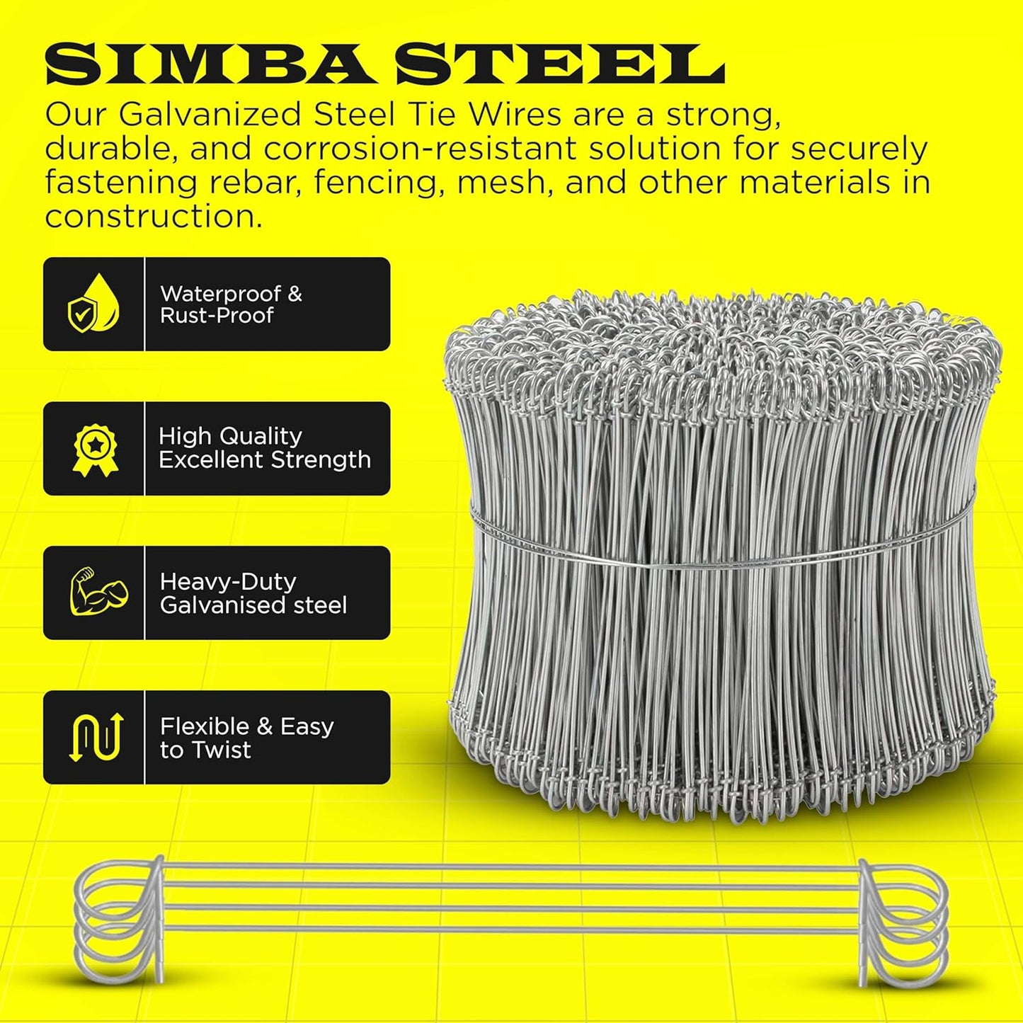 6 Inch - 16 Gauge 1000 pcs GALVANIZED Steel Double Loop Rebar Wire Bar Ties | Excellent Strength | Durable | SIMBA STEEL | Galvanized 6 in 1000pcs