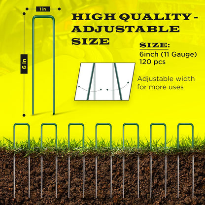 120 Pack x 6 Inch, 11 Gauge Green Landscape Staples, Garden Stakes, Ground Anchor, U-Type, Rust Resistant, Ground Pin for Tents, Tarp, Fence Grass Weed Barrier (Green 120 Pack)