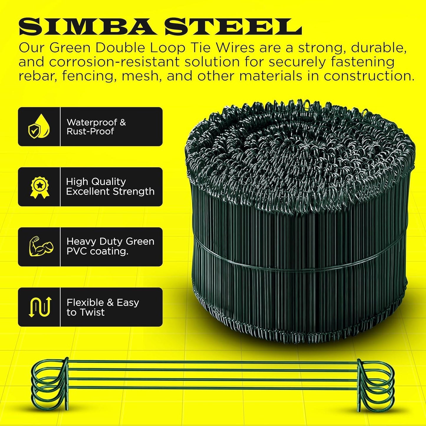 6 Inch - 16 Gauge 2000 pcs GREEN PVC Coated Double Loop Rebar Wire Bar Ties | Excellent Strength | Durable | SIMBA STEEL | PVC Green 6in. 2000