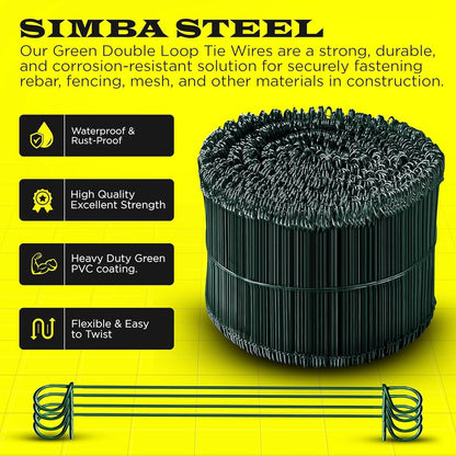 6 Inch - 16 Gauge 2000 pcs GREEN PVC Coated Double Loop Rebar Wire Bar Ties | Excellent Strength | Durable | SIMBA STEEL | PVC Green 6in. 2000