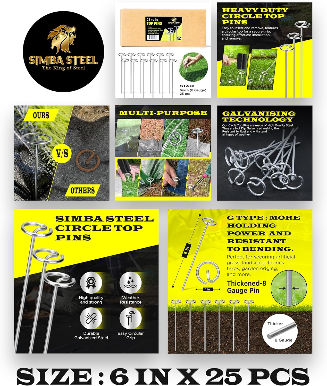8 Gauge Circle Top Lanscape Pins - 25 Pack x 6 Inch Galvanised, Heavy Duty, Not Easy to Bend, Garden Stakes for Tarps, Lawn Turf, Weed Mats, More Holding Power (25 Pins)