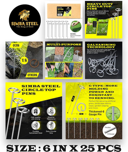 8 Gauge Circle Top Lanscape Pins - 25 Pack x 6 Inch Galvanised, Heavy Duty, Not Easy to Bend, Garden Stakes for Tarps, Lawn Turf, Weed Mats, More Holding Power (25 Pins)