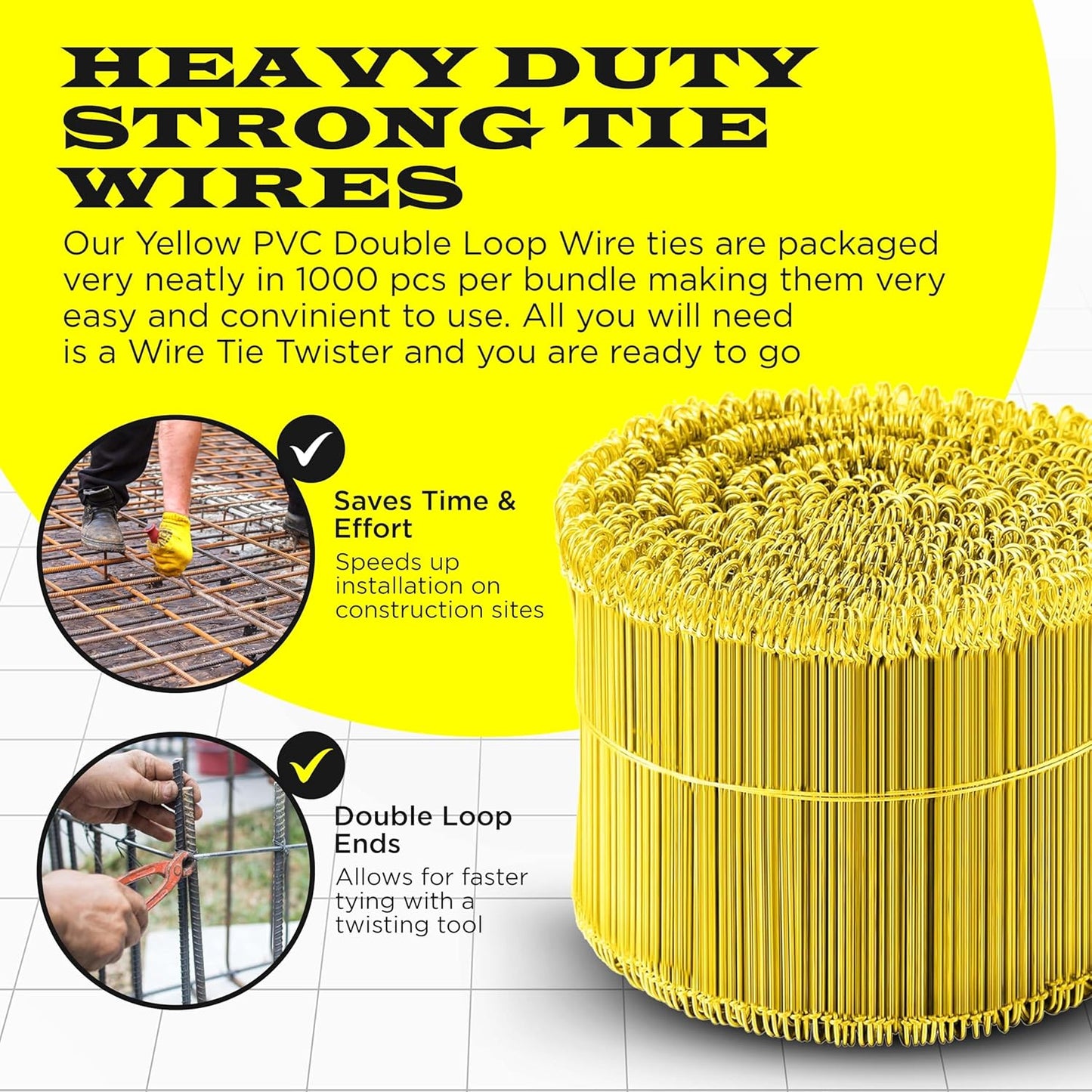 8 Inch - 16 Gauge 1000 pcs YELLOW PVC Coated Double Loop Rebar Wire Bar Ties | Excellent Strength | Durable | SIMBA STEEL | PVC Yellow 8in. 1000