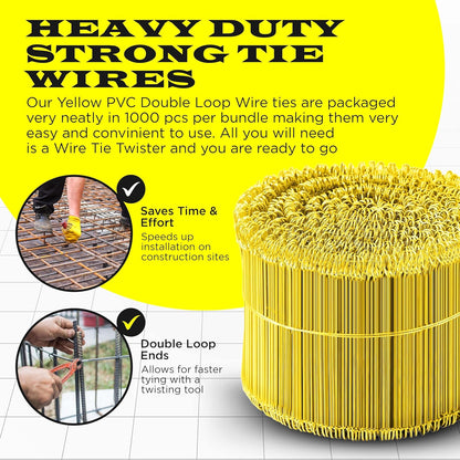 8 Inch - 16 Gauge 1000 pcs YELLOW PVC Coated Double Loop Rebar Wire Bar Ties | Excellent Strength | Durable | SIMBA STEEL | PVC Yellow 8in. 1000