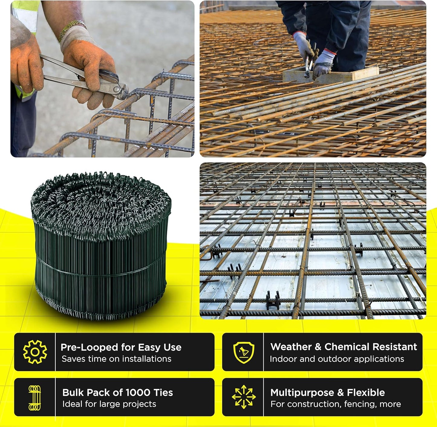 8 Inch - 16 Gauge 1000 pcs GREEN PVC Coated Double Loop Rebar Wire Bar Ties | Excellent Strength | Durable | SIMBA STEEL | PVC Green 8in. 1000