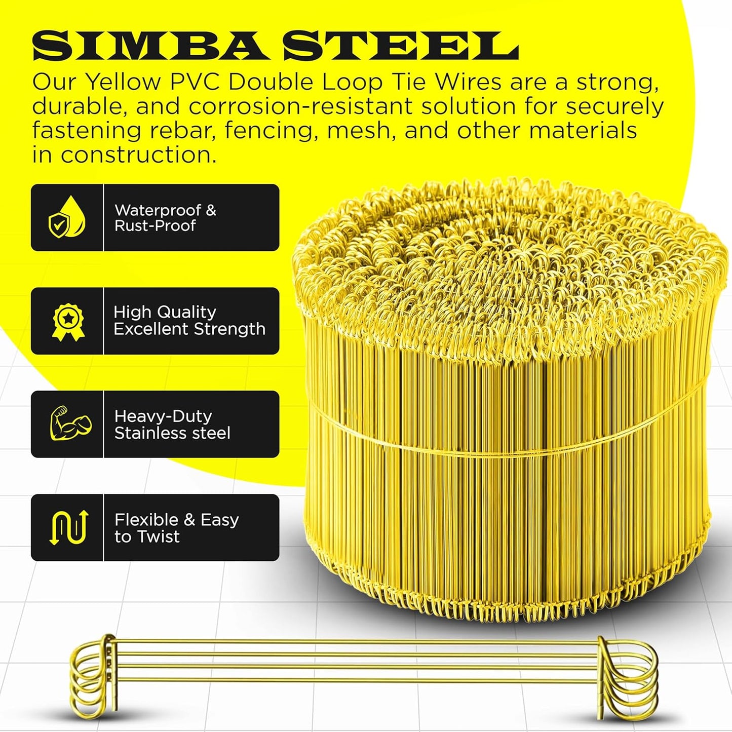 6 Inch - 16 Gauge 1000 pcs YELLOW PVC Coated Double Loop Rebar Wire Bar Ties | Excellent Strength | Durable | SIMBA STEEL | PVC Yellow 6in. 1000