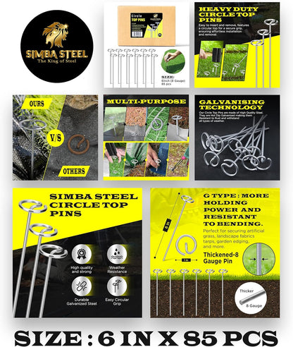 8 Gauge Circle Top Lanscape Pins - 85 Pack x 6 Inch Galvanised, Heavy Duty, Not Easy to Bend, Garden Stakes for Tarps, Lawn Turf, Weed Mats, More Holding Power (85 Pins)
