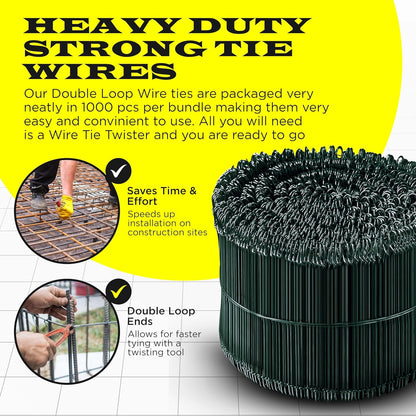 6 Inch - 16 Gauge 1000 pcs GREEN PVC Coated Double Loop Rebar Wire Bar Ties | Excellent Strength | Durable | SIMBA STEEL | PVC Green 6in. 1000