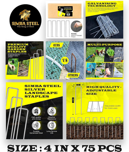 75 Pack x 4 Inch Landscape Staples Galvanised, Fabric Pins, 11 Gauge, Garden Staples, Tent Stakes, Fabric Pins for Lawn, Fence, Tent, Decoration, Weed Barrier, Outdoor. (75 x 4in)