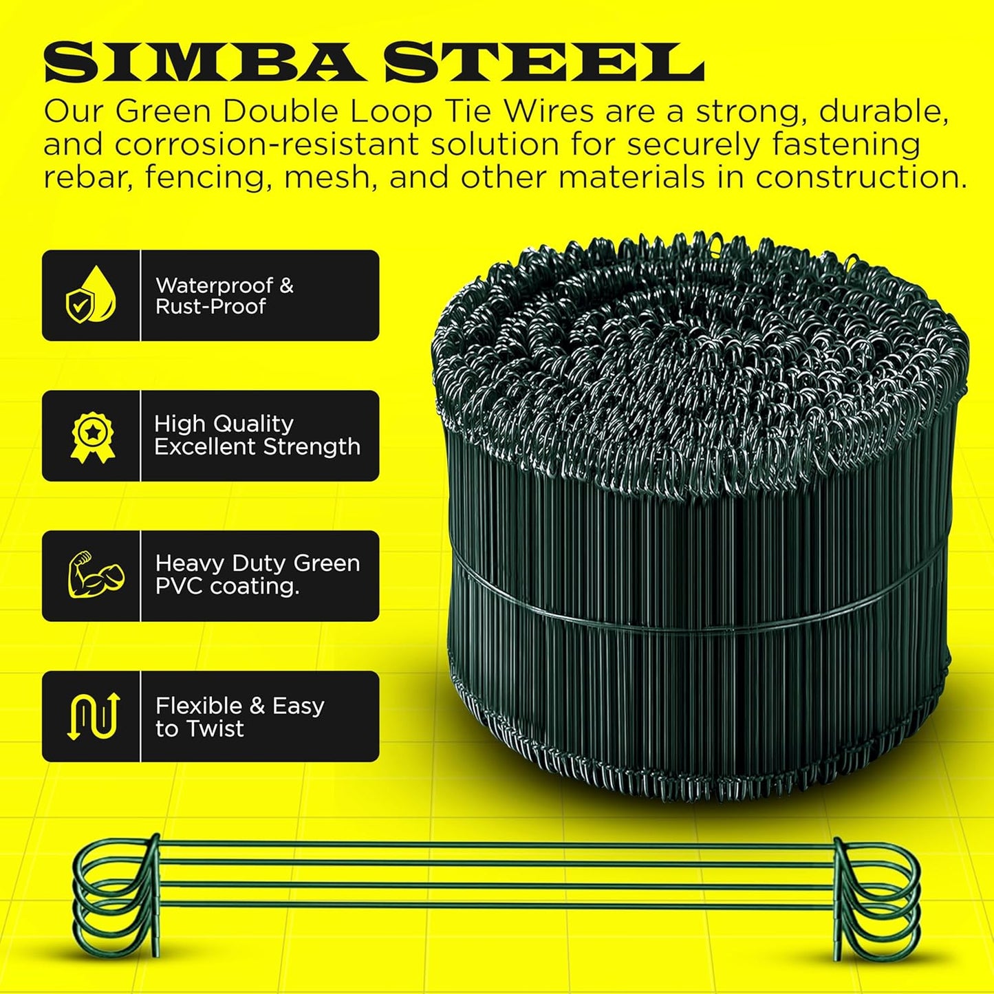 6 Inch - 16 Gauge 1000 pcs GREEN PVC Coated Double Loop Rebar Wire Bar Ties | Excellent Strength | Durable | SIMBA STEEL | PVC Green 6in. 1000