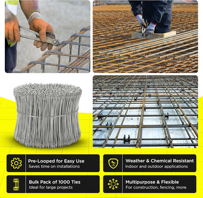 6 Inch - 16 Gauge 1000 pcs GALVANIZED Steel Double Loop Rebar Wire Bar Ties | Excellent Strength | Durable | SIMBA STEEL | Galvanized 6 in 1000pcs
