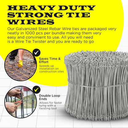6 Inch - 16 Gauge 1000 pcs GALVANIZED Steel Double Loop Rebar Wire Bar Ties | Excellent Strength | Durable | SIMBA STEEL | Galvanized 6 in 1000pcs