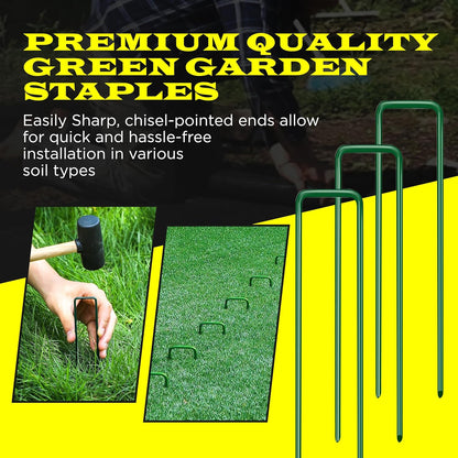 20 Pack x 6 Inch, 11 Gauge Green Landscape Staples, Garden Stakes, Ground Anchor, U-Type, Rust Resistant, Ground Pin for Tents, Tarp, Fence Grass Weed Barrier (Green 20 Pack)