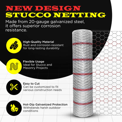 New Stucco Netting 36 in x 150 FT | 1/8" Self Furred | 1” Mesh x 20GA | Hot Dipped Galvanized | Hexagonal Galvanized Mesh (Stucco 36x150FT