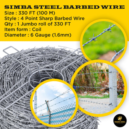 328FT - 330FT Barbed Wire 4 point, 5" Spacing, 16GA, Heavy Duty (100m), SIMBA STEEL
