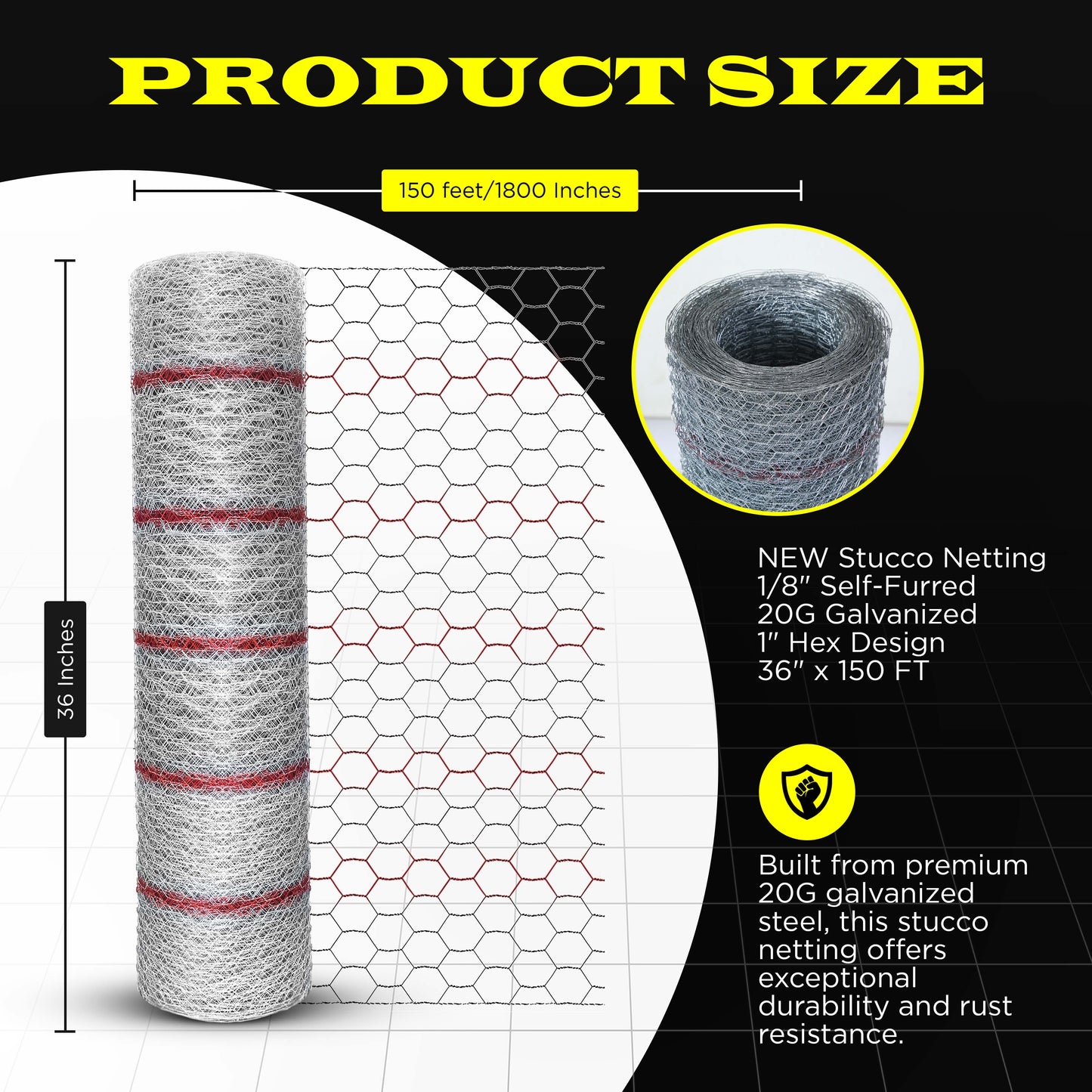 New Stucco Netting 36 in x 150 FT | 1/8" Self Furred | 1” Mesh x 20GA | Hot Dipped Galvanized | Hexagonal Galvanized Mesh (Stucco 36x150FT