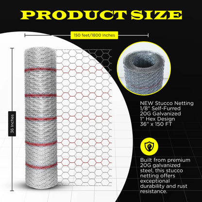 New Stucco Netting 36 in x 150 FT | 1/8" Self Furred | 1” Mesh x 20GA | Hot Dipped Galvanized | Hexagonal Galvanized Mesh (Stucco 36x150FT