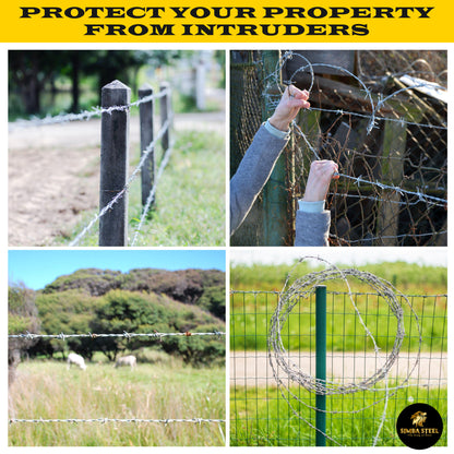 328FT - 330FT Barbed Wire 4 point, 5" Spacing, 16GA, Heavy Duty (100m), SIMBA STEEL