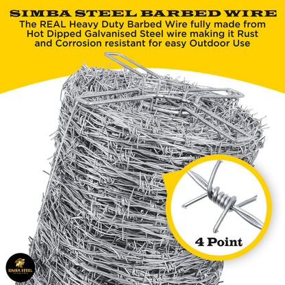 328FT - 330FT Barbed Wire 4 point, 5" Spacing, 16GA, Heavy Duty (100m), SIMBA STEEL