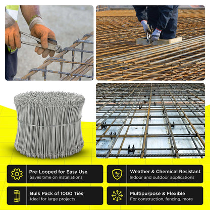 8 Inch x 1000pc STAINLESS STEEL Double Loop Rebar Wire Ties, 16 Gage, SIMBASTEEL