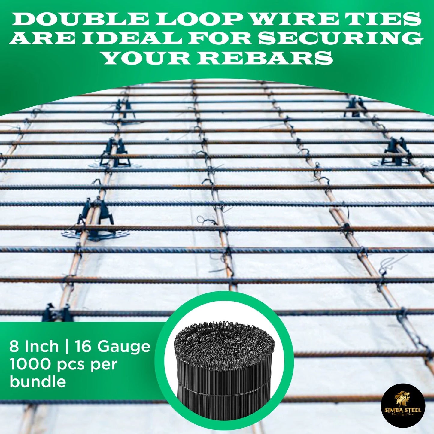 8 Inch x 1,000pc Double Loop Rebar Wire Ties, 16 Gauge Soft Annealed, SIMBASTEEL
