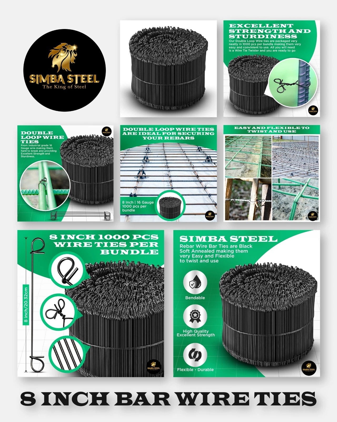 8 Inch x 1,000pc Double Loop Rebar Wire Ties, 16 Gauge Soft Annealed, SIMBASTEEL