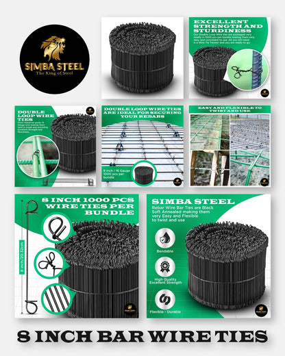 8 Inch x 1,000pc Double Loop Rebar Wire Ties, 16 Gauge Soft Annealed, SIMBASTEEL
