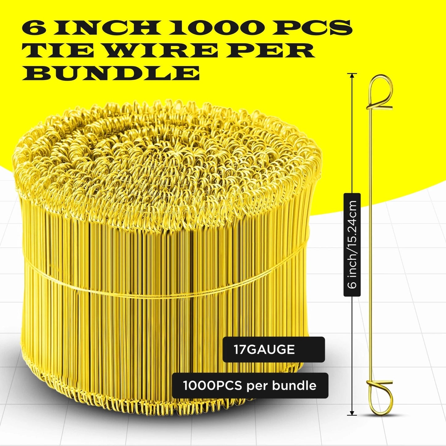 6 Inch x 1000pc YELLOW PVC COATED Double Loop Rebar Wire Tie, 16 Gage SIMBASTEEL