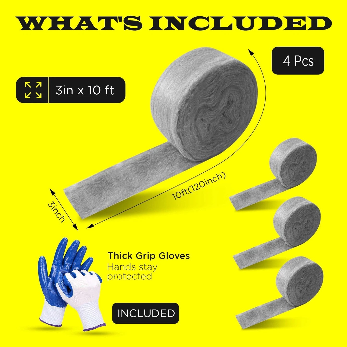 4 Pack Steel Wool 3 x 10FT each + Gloves, Mice Control, Keep Home Safe, Gap Fill