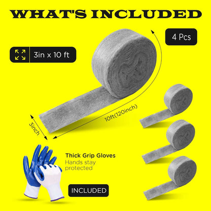 4 Pack Steel Wool 3 x 10FT each + Gloves, Mice Control, Keep Home Safe, Gap Fill