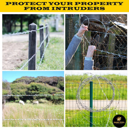 25 FT Roll Barbed Wire 16 Ga STRONG | 4-Point | 5" Spacing | Free Gloves | SIMBA STEEL