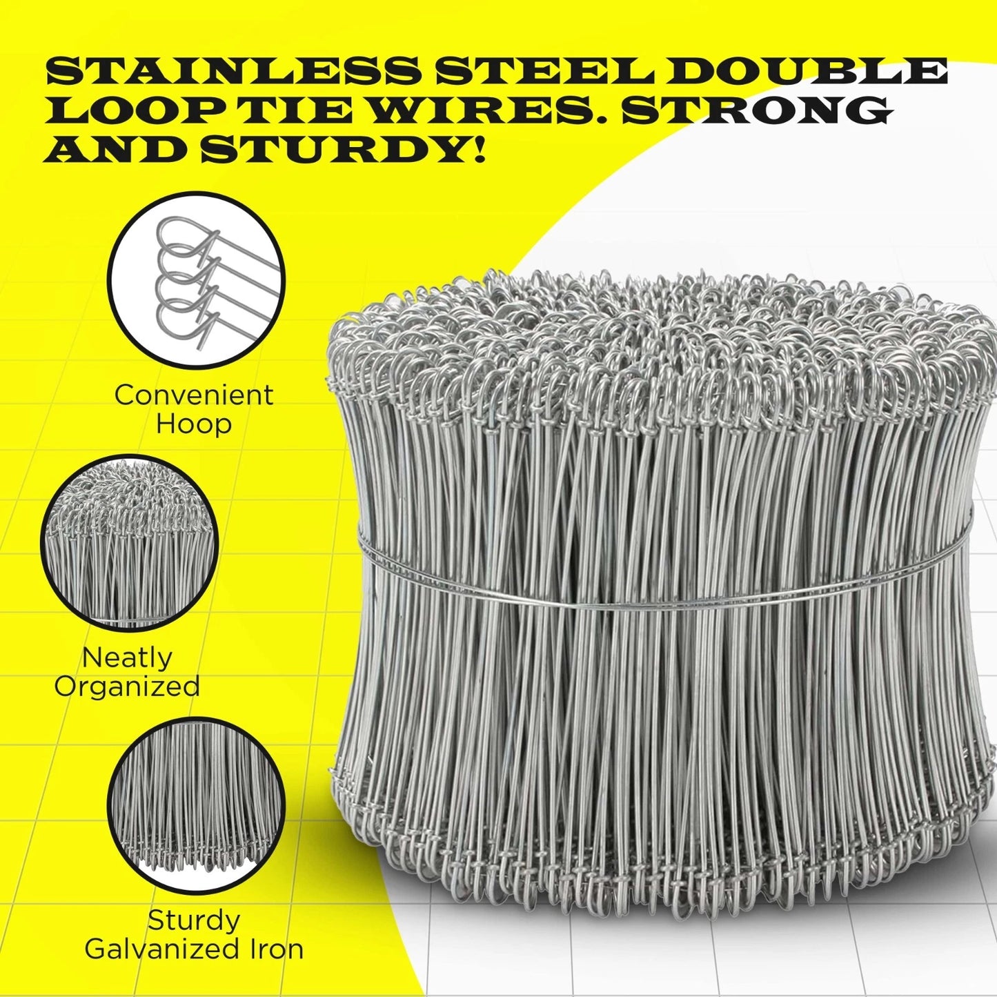 8 Inch x 1000pc STAINLESS STEEL Double Loop Rebar Wire Ties, 16 Gage, SIMBASTEEL