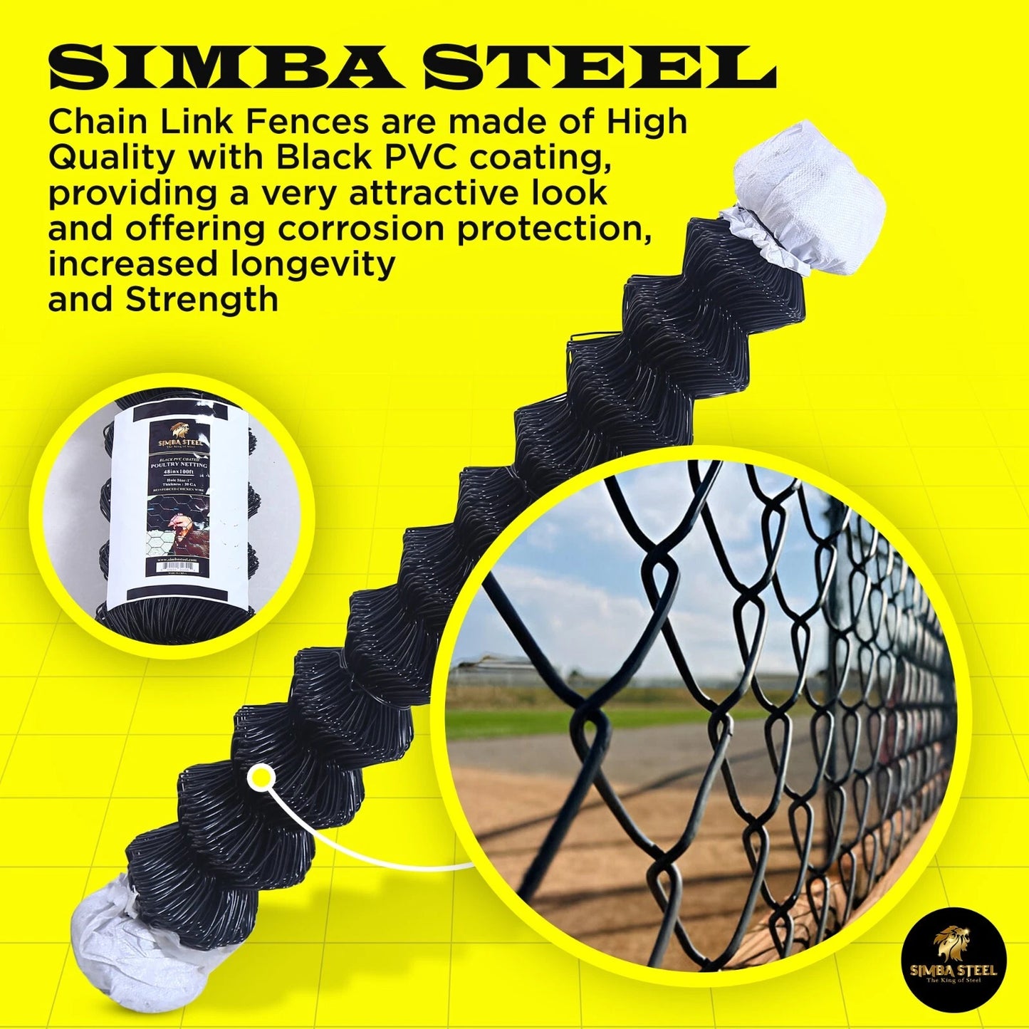 BLACK PVC Coated Galvanized Steel 4X50 ft Chain Link Fence Fabric 11.5 GA SIMBA