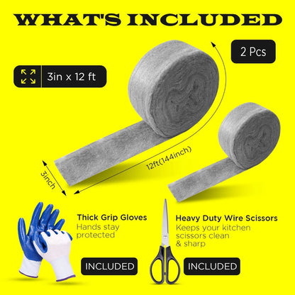 2 Pack Steel Wool 3 x 12FT each + Scissor + Gloves, Mice Control, Keep Home Safe