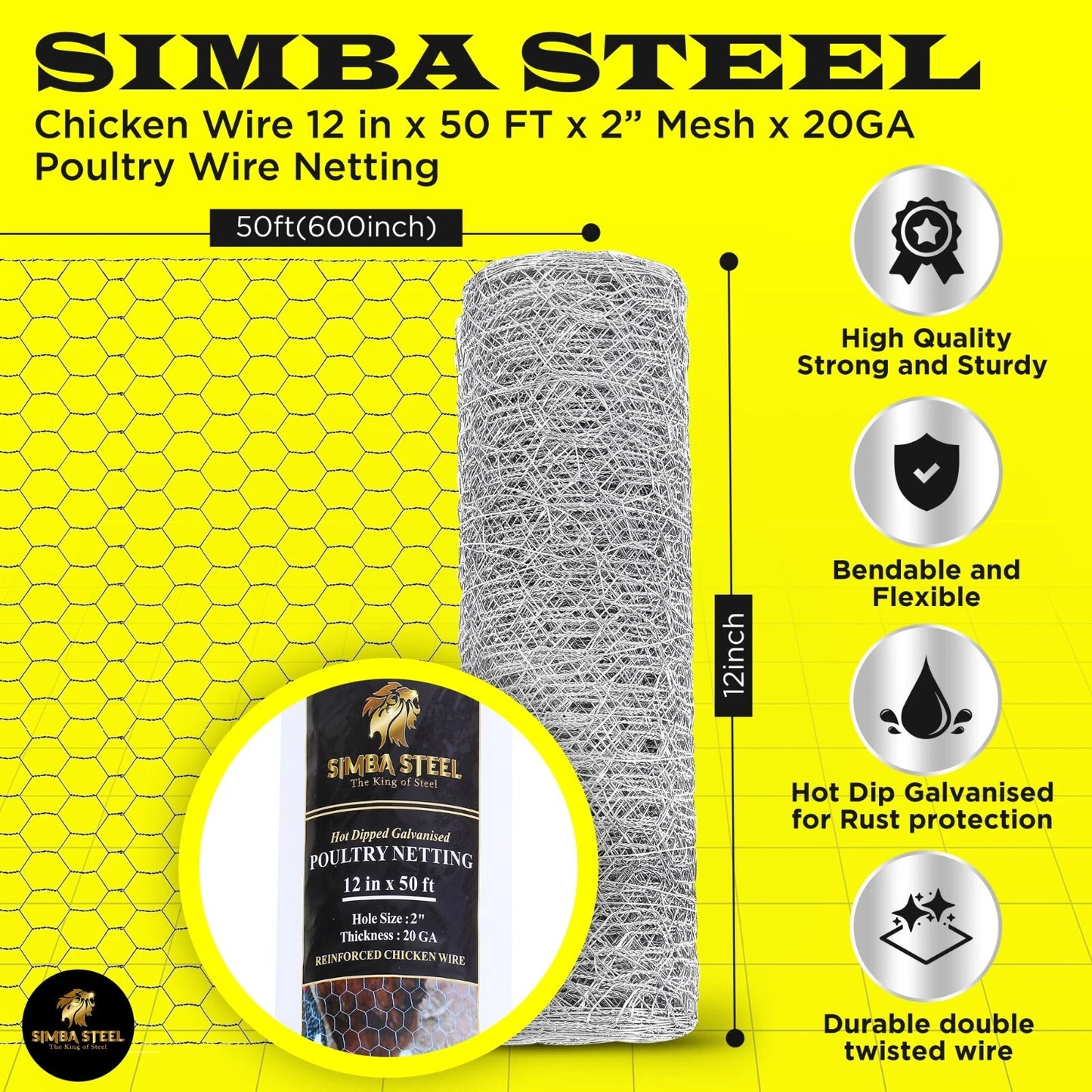 Galvanized Poultry Net - Fencing Chicken Wire 2" Hole - Many Sizes Poultry Mesh