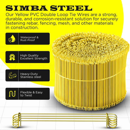 6 Inch x 1000pc YELLOW PVC COATED Double Loop Rebar Wire Tie, 16 Gage SIMBASTEEL